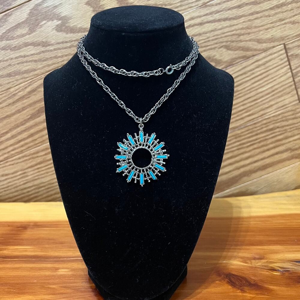 Vintage Zuni Sunburst Faux Turquoise Necklace‎ Pendant Silver Tone Statement